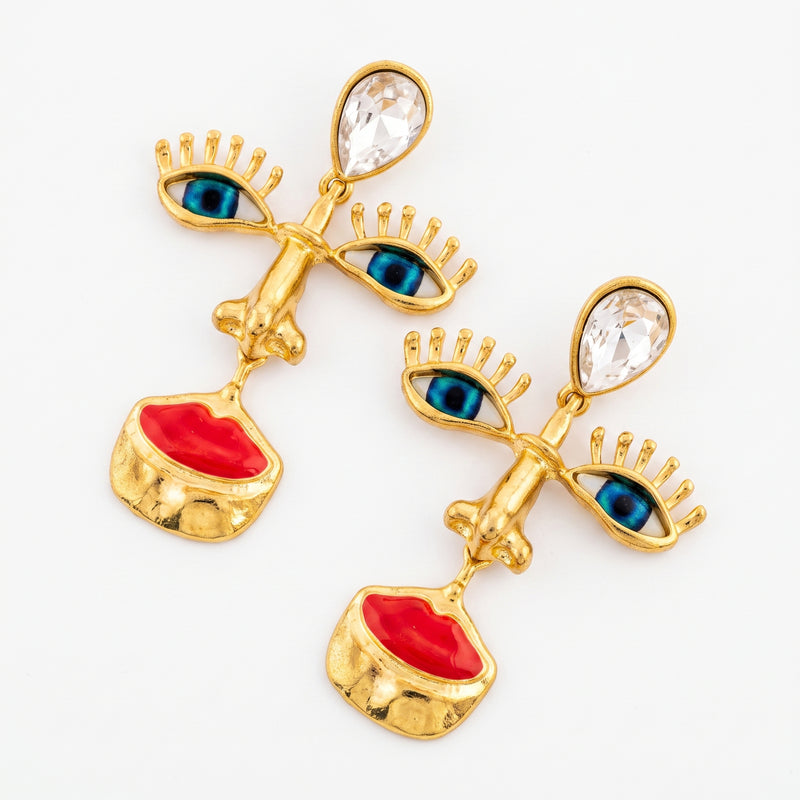 Evil Eye & Lips Drop Earrings